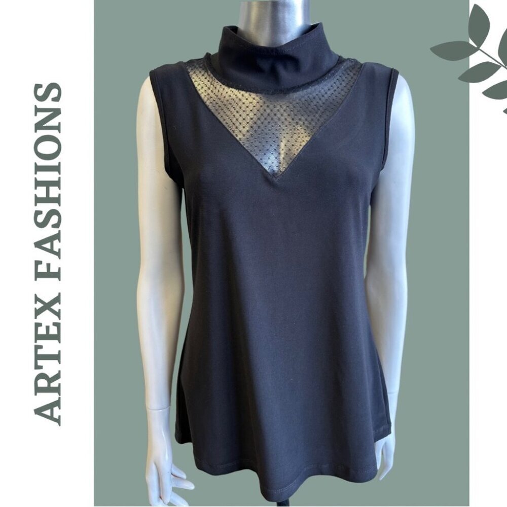 Black Sleeveless Knit Top Mock Neck Sheer Dot Neck Inlay Size Medium
